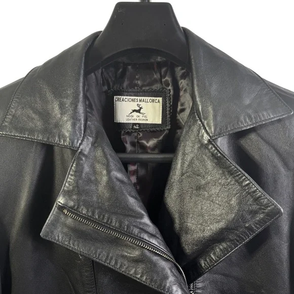 CREACIONES MALLORCA BLACK LEATHER LONG JACKET 42 WOMENS - Picture 5 of 11